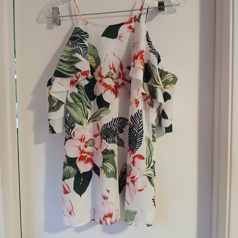 Banana Republic  Women's  White Tropical Floral Flutter Sleeve Top SZ S  GUC